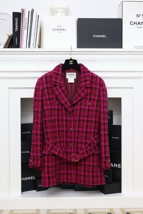 Chanel 95年玫红格纹金扣收腰大衣-0