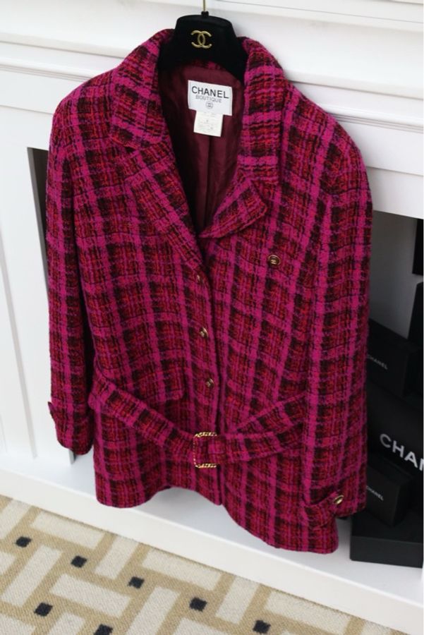 Chanel 95年玫红格纹金扣收腰大衣-6