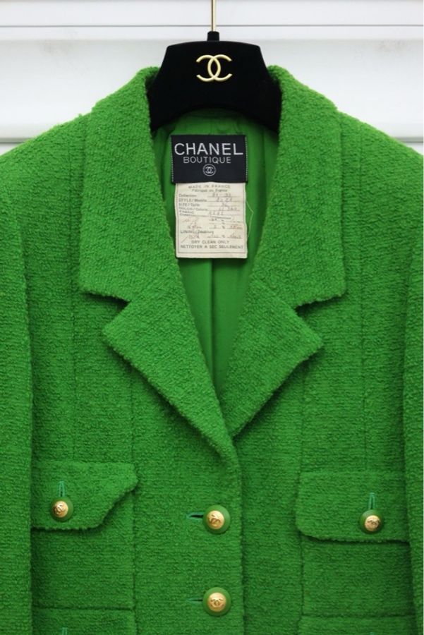 Chanel93年草绿色金扣四口袋外套-13