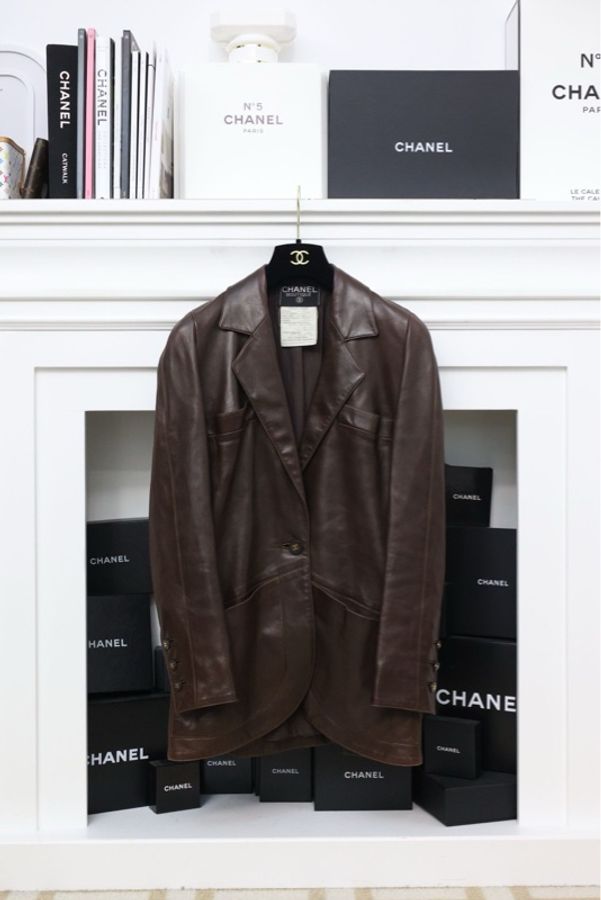Chanel 94年棕色一粒扣皮衣外套-0