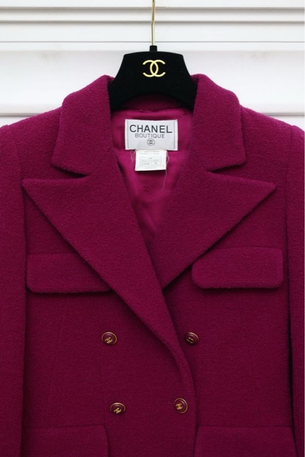 Chanel 95年梅子色金扣四口袋外套-6