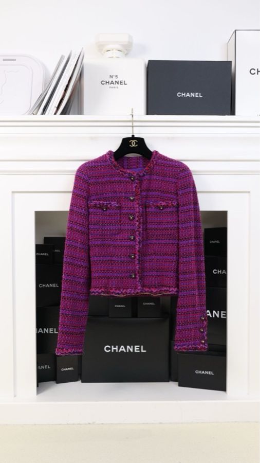 Chanel 95年紫红色格纹花边滚边上衣外套-0