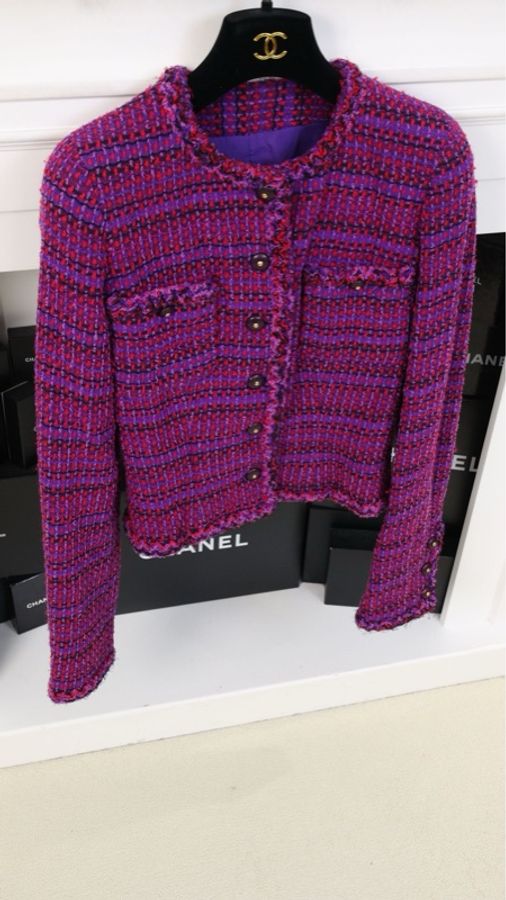 Chanel 95年紫红色格纹花边滚边上衣外套-2