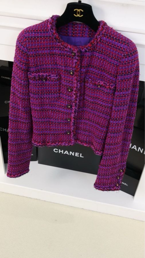 Chanel 95年紫红色格纹花边滚边上衣外套-3