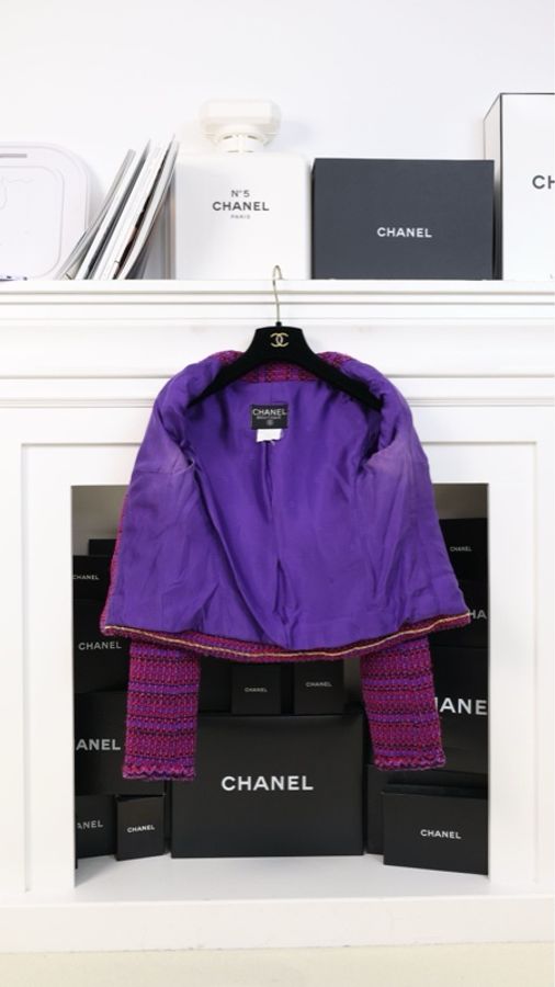 Chanel 95年紫红色格纹花边滚边上衣外套-4