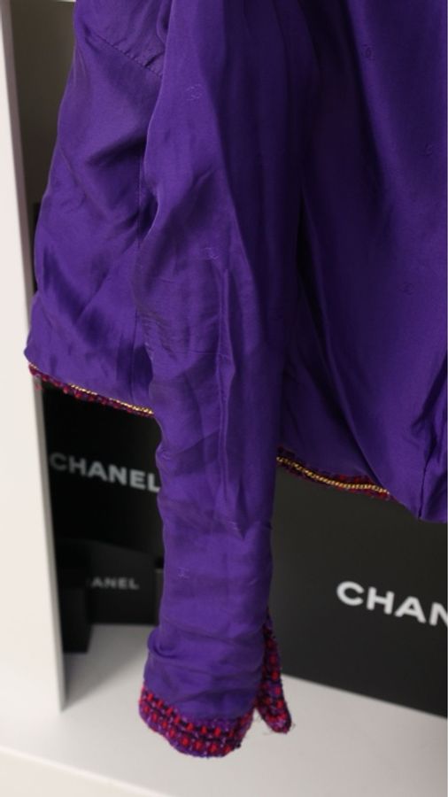Chanel 95年紫红色格纹花边滚边上衣外套-9