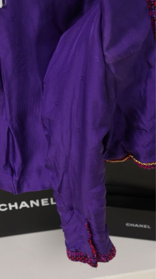 Chanel 95年紫红色格纹花边滚边上衣外套-13