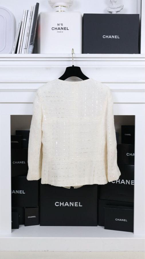 Chanel 00年白色亮片贝母扣圆领外套-1