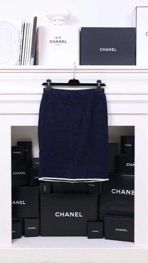 Chanel 蓝色针织白色滚边背心半裙套装-14