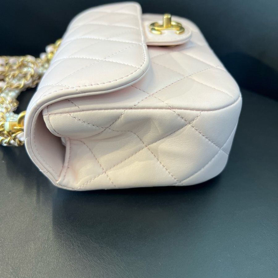 Chanel 香奈兒 26C 淺粉色羊皮珍珠鏈方胖子手提單肩包 26年。-4