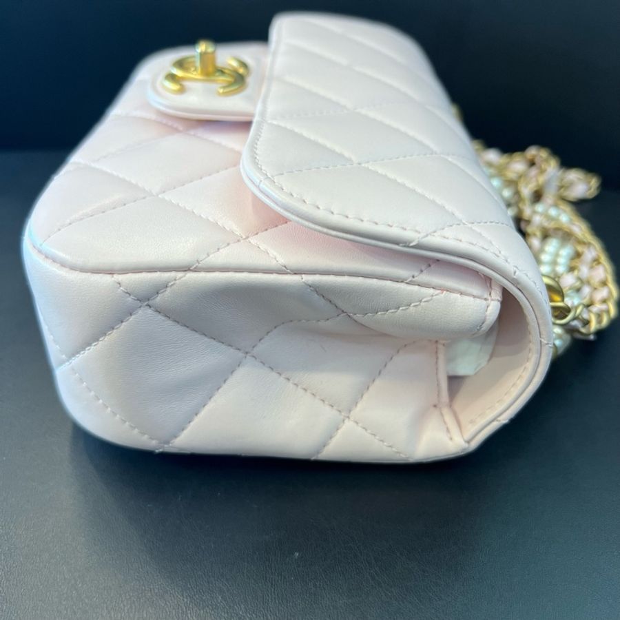 Chanel 香奈兒 26C 淺粉色羊皮珍珠鏈方胖子手提單肩包 26年。-5