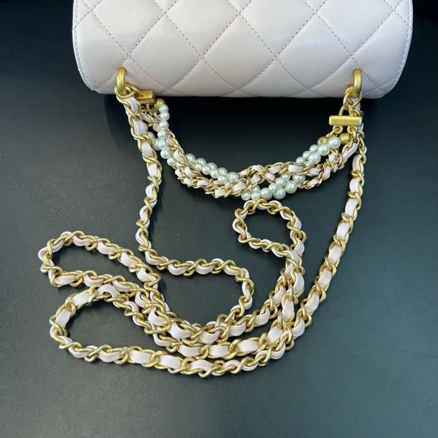 Chanel 香奈兒 26C 淺粉色羊皮珍珠鏈方胖子手提單肩包 26年。-6