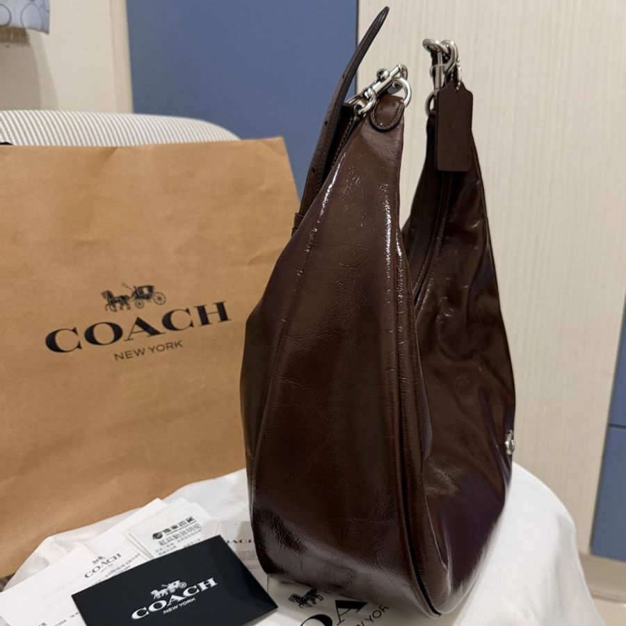 Coach蔻馳 專櫃款 Juliet Sling 半月包手袋 側背包 斜背包 大容量 油蠟皮 深棕色 咖啡色 通勤-4