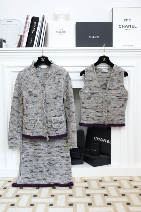 Chanel 99年春夏秀款混色针织背心半裙外套开衫三件套-0