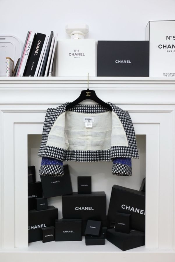 Chanel 13年春夏系列秀款蓝白拼色棋盘格小坎肩crop短外套-7