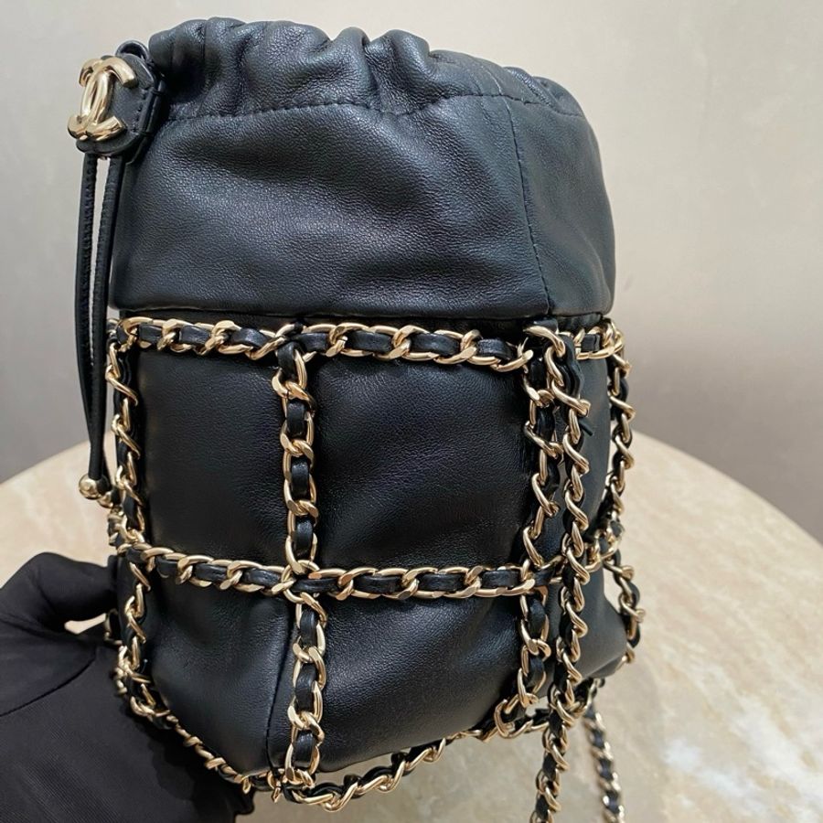 Chanel/香奈兒 格子黑銀羊皮小號鳥籠 抽繩小水桶包 皮穿鏈 鏈條斜挎包小桶包菜籃子包,-1