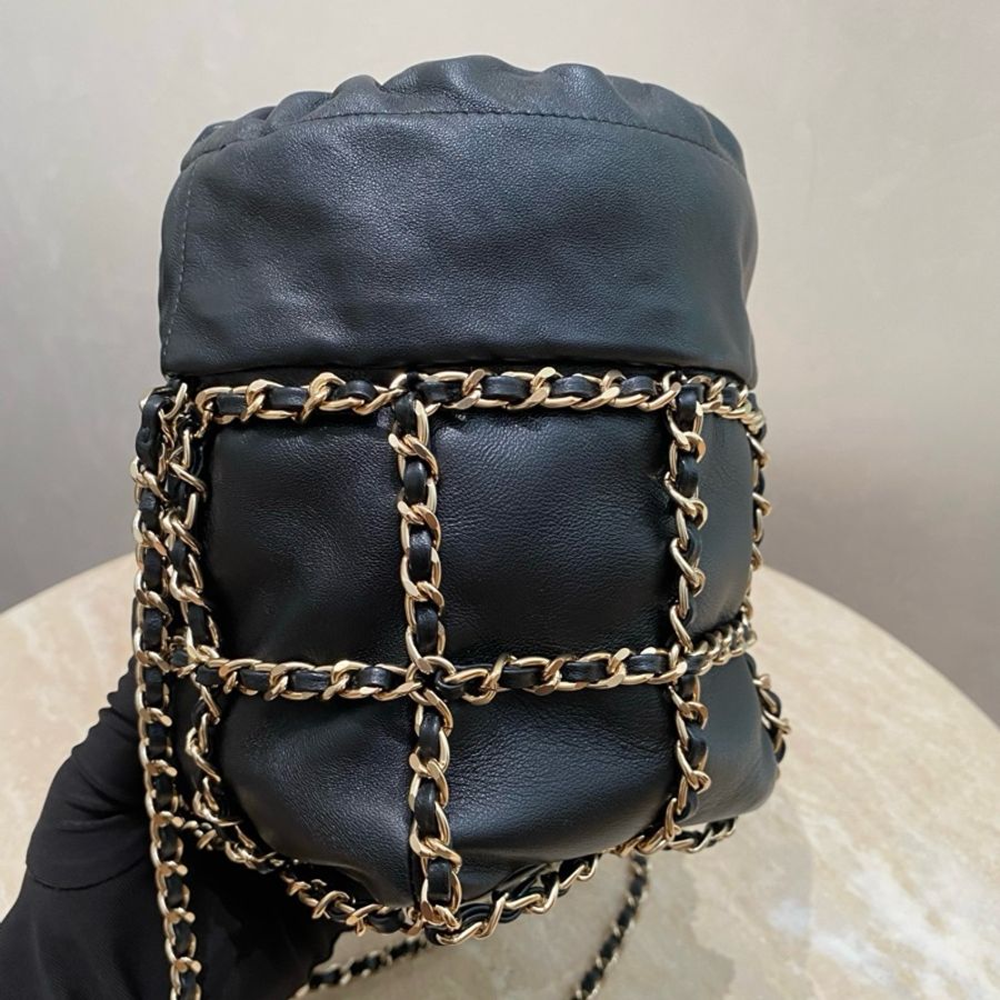 Chanel/香奈兒 格子黑銀羊皮小號鳥籠 抽繩小水桶包 皮穿鏈 鏈條斜挎包小桶包菜籃子包,-3