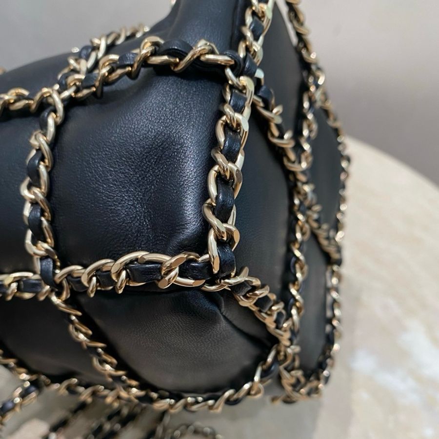 Chanel/香奈兒 格子黑銀羊皮小號鳥籠 抽繩小水桶包 皮穿鏈 鏈條斜挎包小桶包菜籃子包,-5