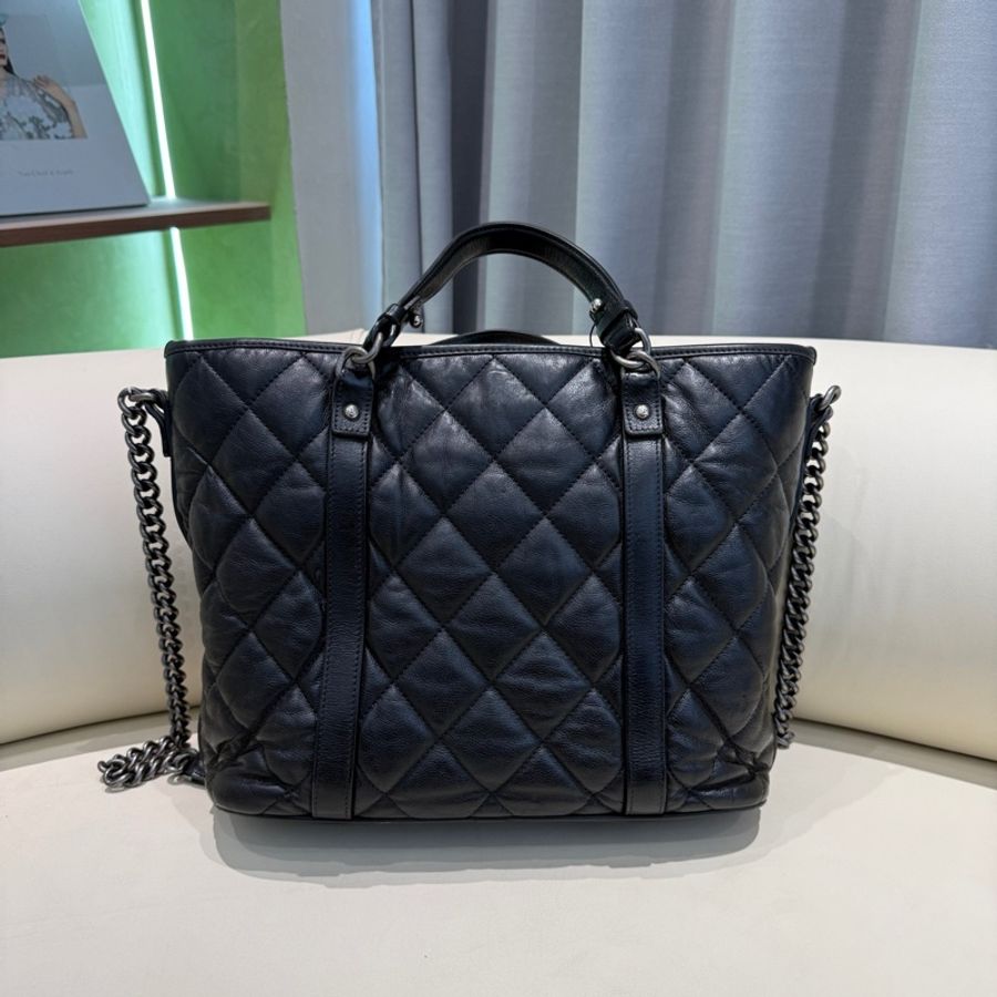 Chanel 香奈兒 黑銀全皮雙口袋 2way tote手提托特包肩背包-1