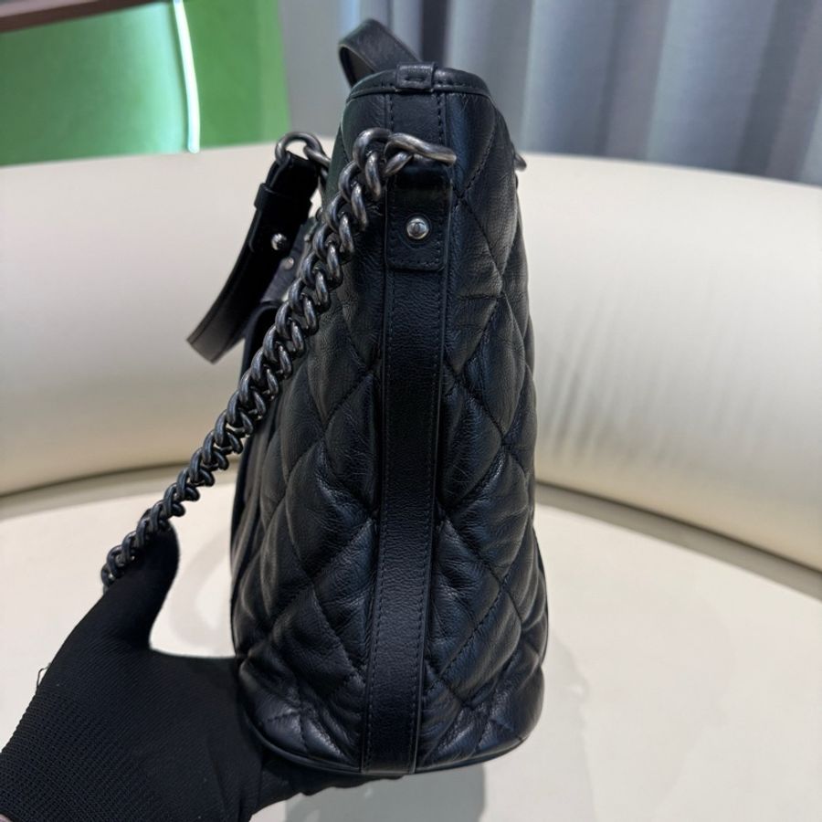 Chanel 香奈兒 黑銀全皮雙口袋 2way tote手提托特包肩背包-2