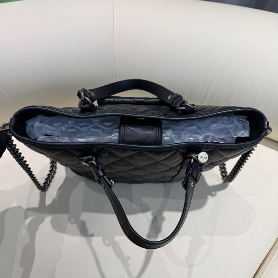 Chanel 香奈兒 黑銀全皮雙口袋 2way tote手提托特包肩背包-6