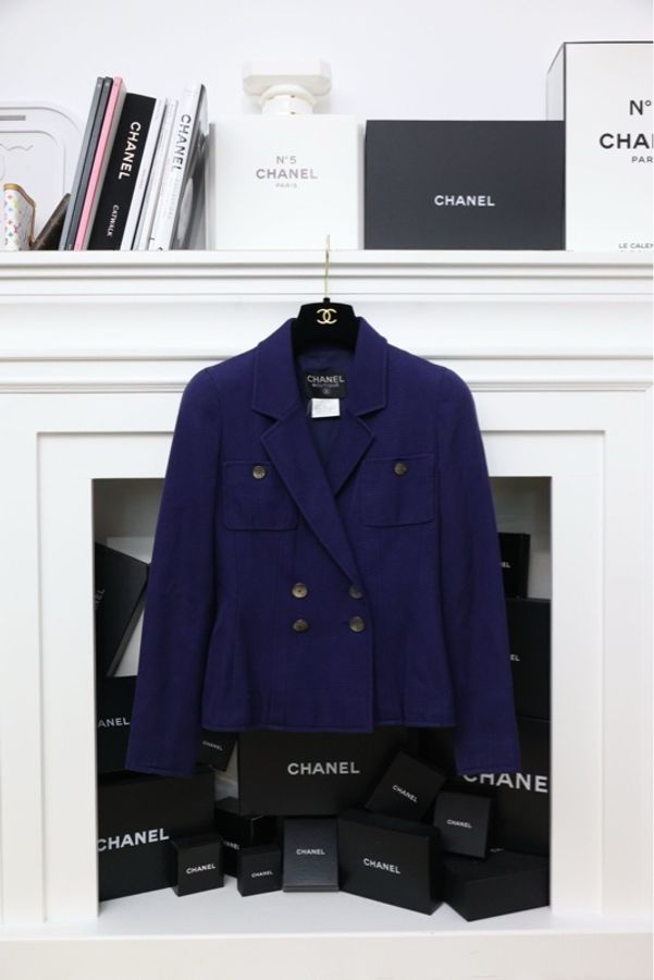Chanel 97年海军蓝双排扣crop西装外套-0