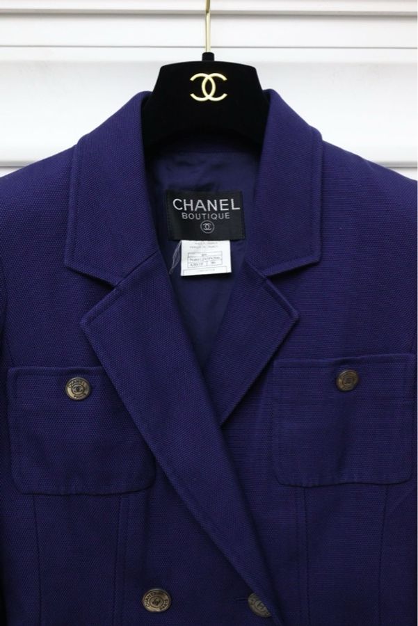 Chanel 97年海军蓝双排扣crop西装外套-5