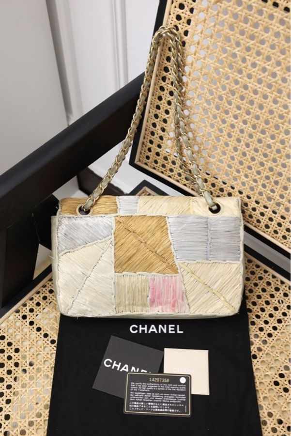 Chanel 14开拉菲草编织彩色网格CF包-1