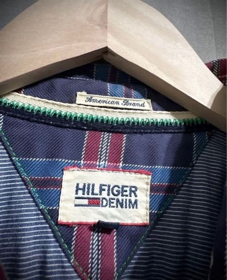 Tommy hilfigure 高質感斜織紋蘇格蘭格紋襯衫 古著襯衫外套 M 男 加長款 vintage-3