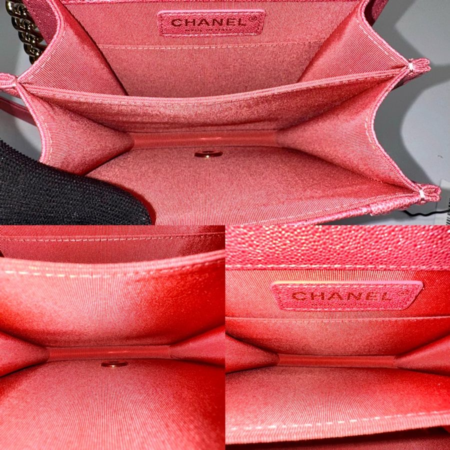 CHANEL 香奈兒 Boy Chanel 荔枝牛皮直版豎型翻蓋包 粉色金釦 27開-5