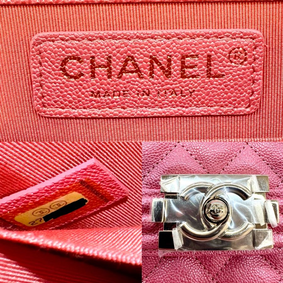 CHANEL 香奈兒 Boy Chanel 荔枝牛皮直版豎型翻蓋包 粉色金釦 27開-7