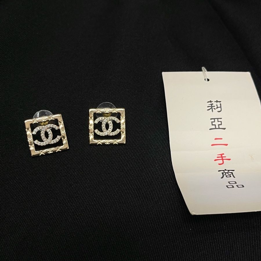 莉亞精品♡Chanel 雙C水鑽方塊格紋 耳環 二手-2