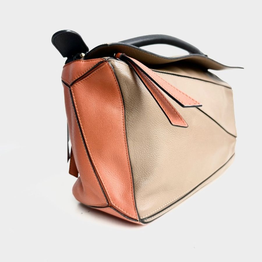 羅意威/Loewe Puzzle荔枝紋棕色拼橘色手提斜挎包 中號-4