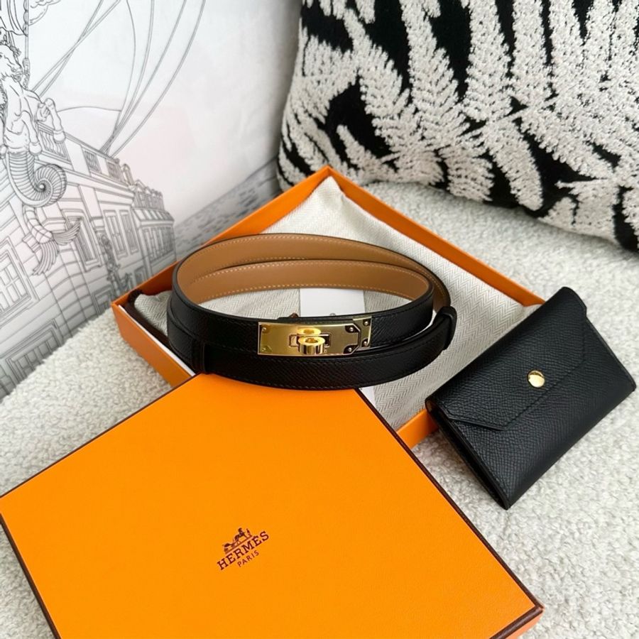 閒置未使用 Hermes/愛馬仕 Kelly Pocket 18腰帶皮帶 黑金帶小卡包 寬約18mm 長度可以任意調節 附件盒子塵袋-0