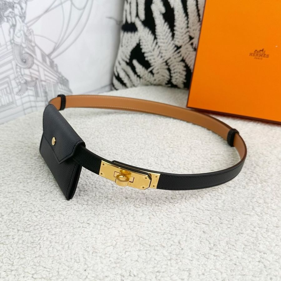 閒置未使用 Hermes/愛馬仕 Kelly Pocket 18腰帶皮帶 黑金帶小卡包 寬約18mm 長度可以任意調節 附件盒子塵袋-4
