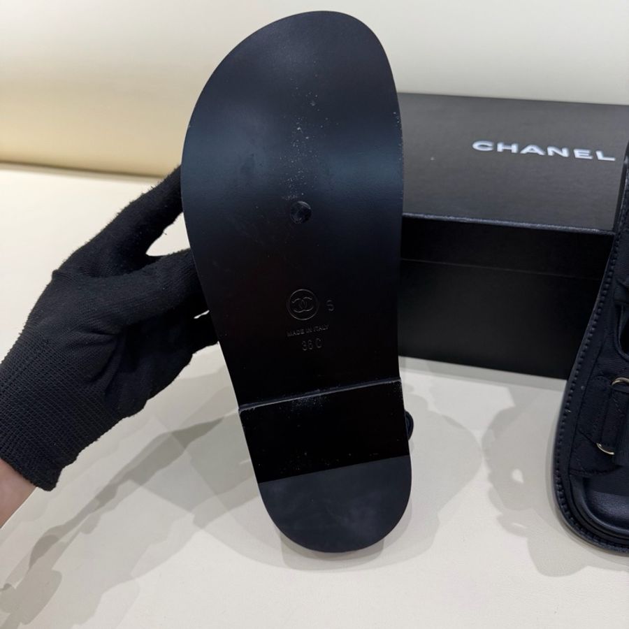 Chanel香奈兒黑色蝴蝶結魔術貼雙c水鑽涼鞋 36碼數 配塵袋-3