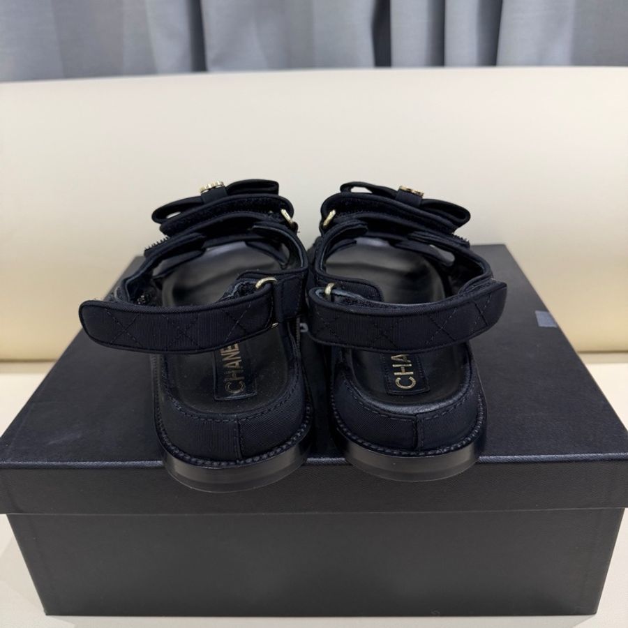 Chanel香奈兒黑色蝴蝶結魔術貼雙c水鑽涼鞋 36碼數 配塵袋-5