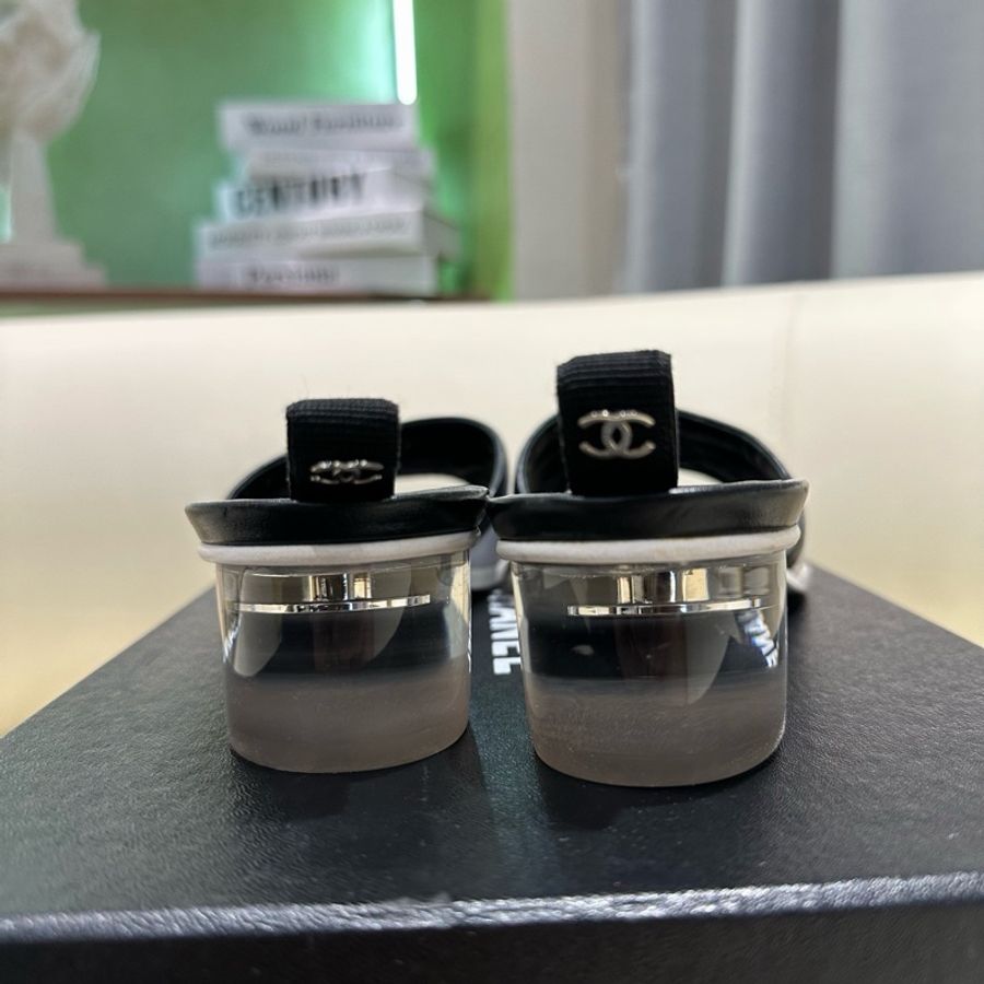 Chanel 香奈兒 黑白拼色字母拼皮水晶跟涼鞋 涼拖 38.5碼 配塵袋-3