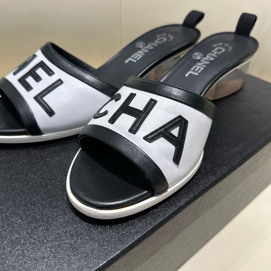 Chanel 香奈兒 黑白拼色字母拼皮水晶跟涼鞋 涼拖 38.5碼 配塵袋-5