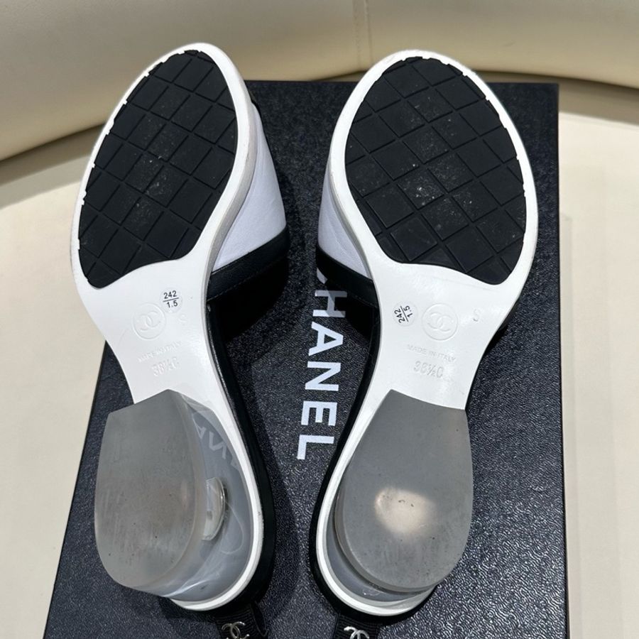 Chanel 香奈兒 黑白拼色字母拼皮水晶跟涼鞋 涼拖 38.5碼 配塵袋-7
