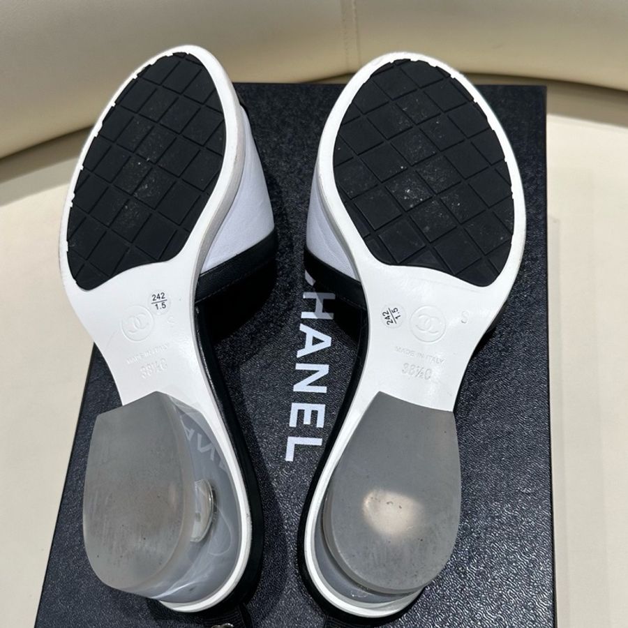 Chanel 香奈兒 黑白拼色字母拼皮水晶跟涼鞋 涼拖 38.5碼 配塵袋-8