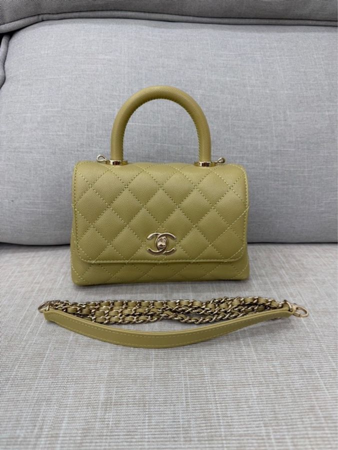 Chanel香奈兒芥末黃荔枝牛皮coco handle mini 金釦-0