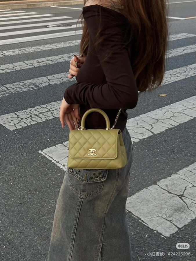 Chanel香奈兒芥末黃荔枝牛皮coco handle mini 金釦-1