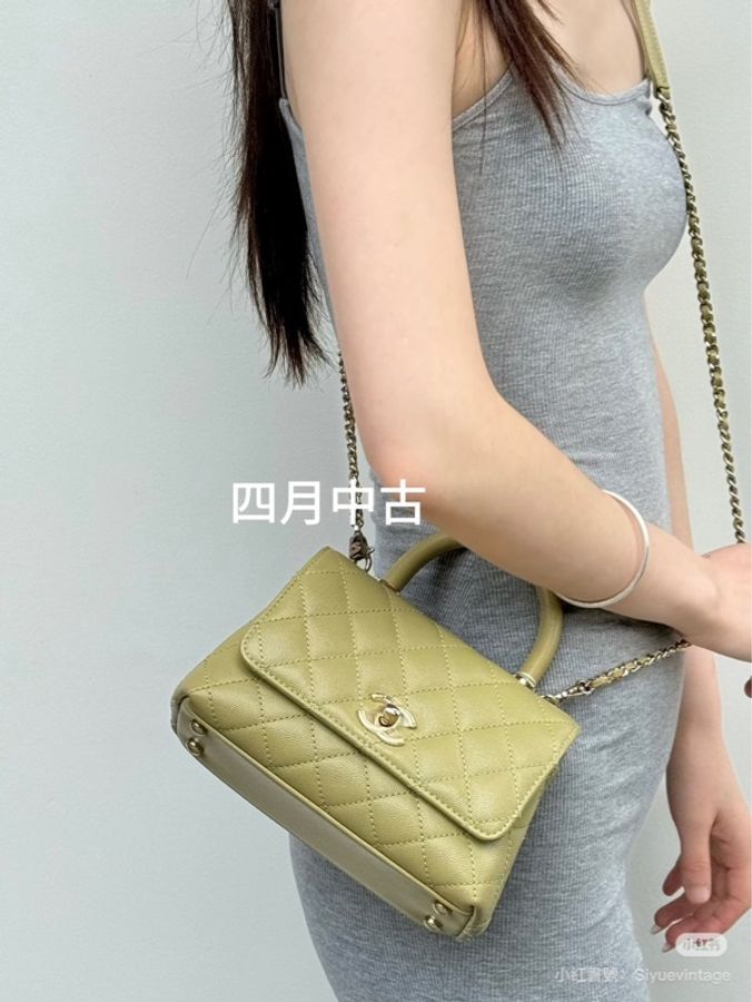Chanel香奈兒芥末黃荔枝牛皮coco handle mini 金釦-4