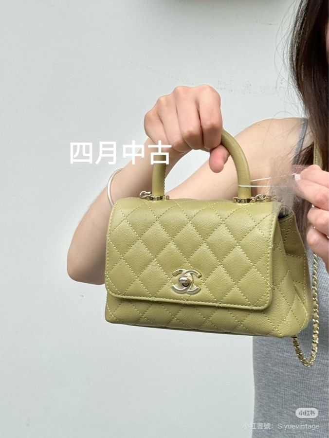 Chanel香奈兒芥末黃荔枝牛皮coco handle mini 金釦-5