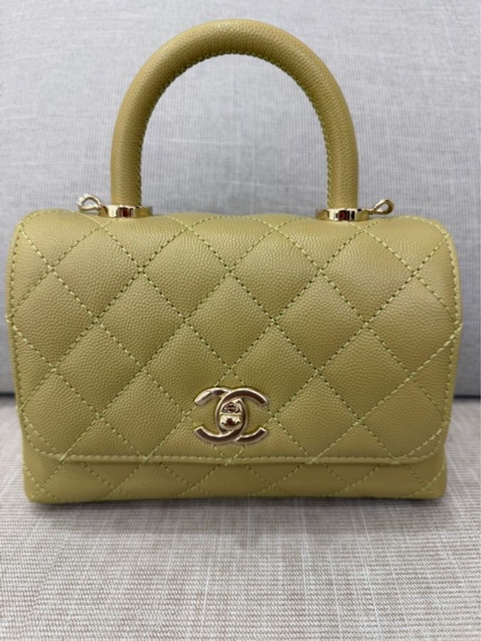Chanel香奈兒芥末黃荔枝牛皮coco handle mini 金釦-6