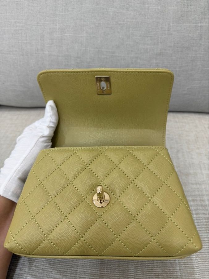 Chanel香奈兒芥末黃荔枝牛皮coco handle mini 金釦-19