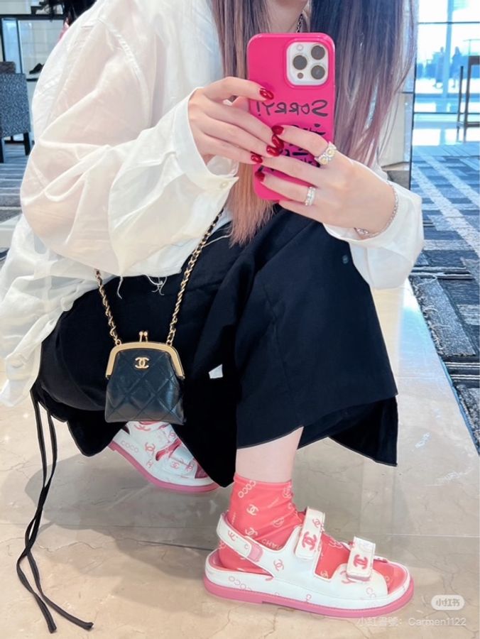 CHANEL 香奈兒經典雙C LOGOG魔術貼涼鞋 粉/白-3