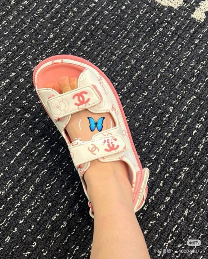 CHANEL 香奈兒經典雙C LOGOG魔術貼涼鞋 粉/白-4