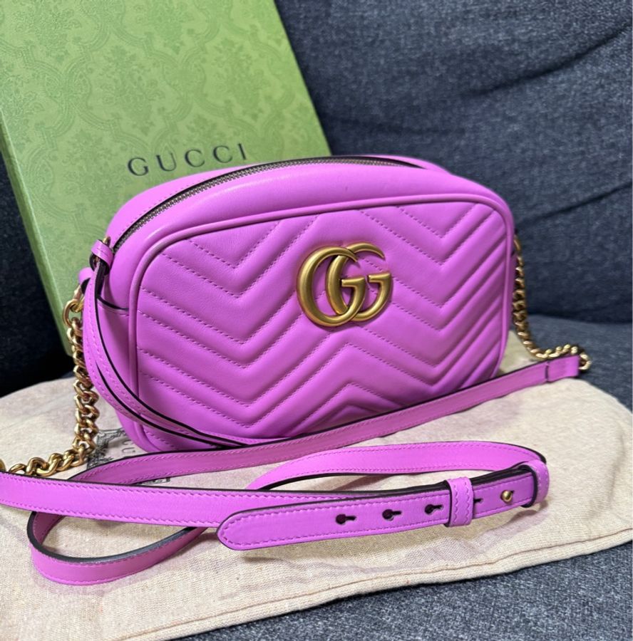 Gucci 專櫃正品 447632 馬卡龍紫 金釦 GG Marmont 中號 相機包斜背包 紫色 小方包-0